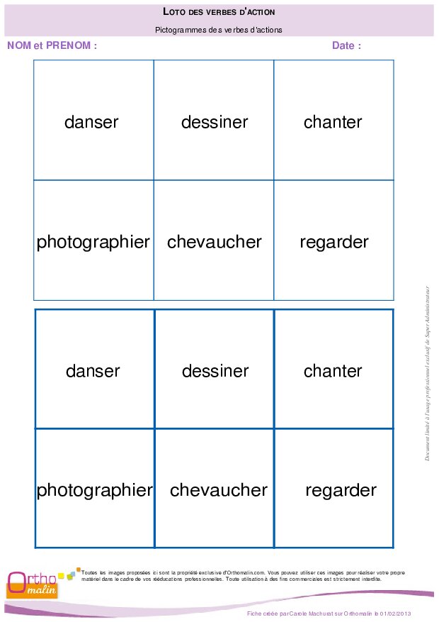 Loto Des Verbes D Action Pictos Orthomalin