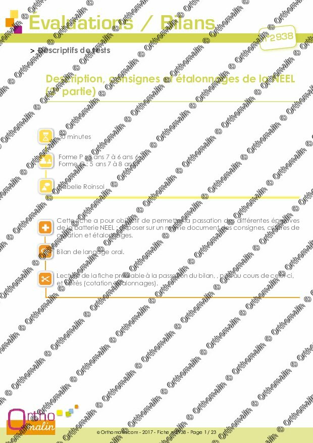 Ressource orthophonie - Description, consignes et étalonnages de la NEEL (partie 2)  Orthomalin