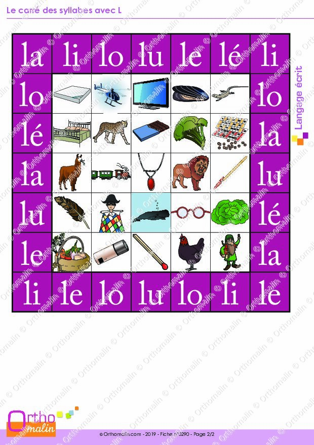 Ressource orthophonie Le carré des syllabes avec L Orthomalin