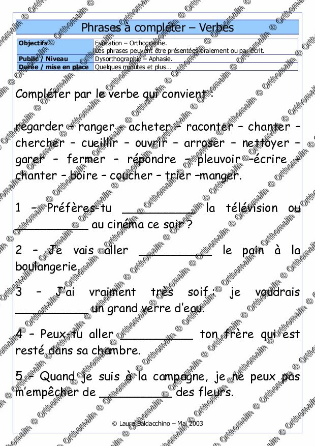 Ressource Orthophonie - Phrases à Compléter – Verbes | Orthomalin