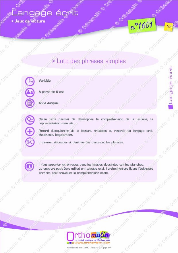 Ressource Orthophonie Loto Des Phrases Simples Orthomalin