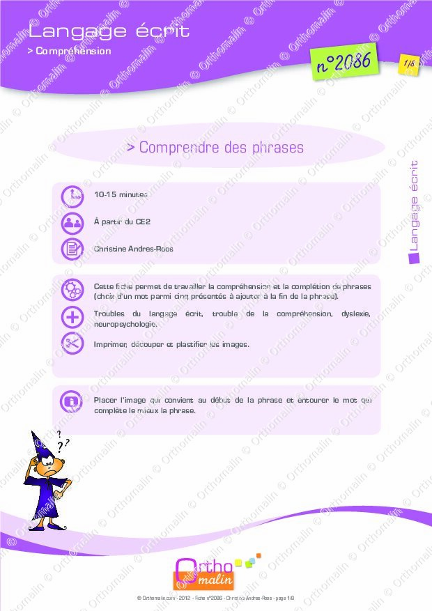 Ressource Orthophonie Comprendre Des Phrases Orthomalin